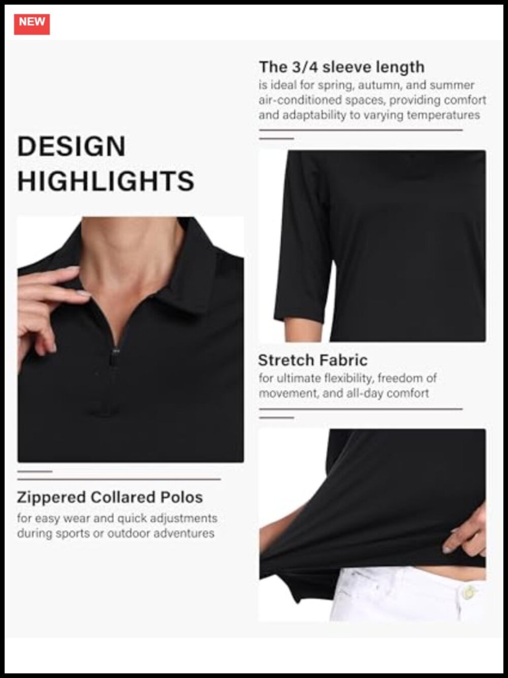Women's 3/4 Sleeve Quarter Zip Golf Polo Quick Dry Athletic Top - Picture 5 of 6